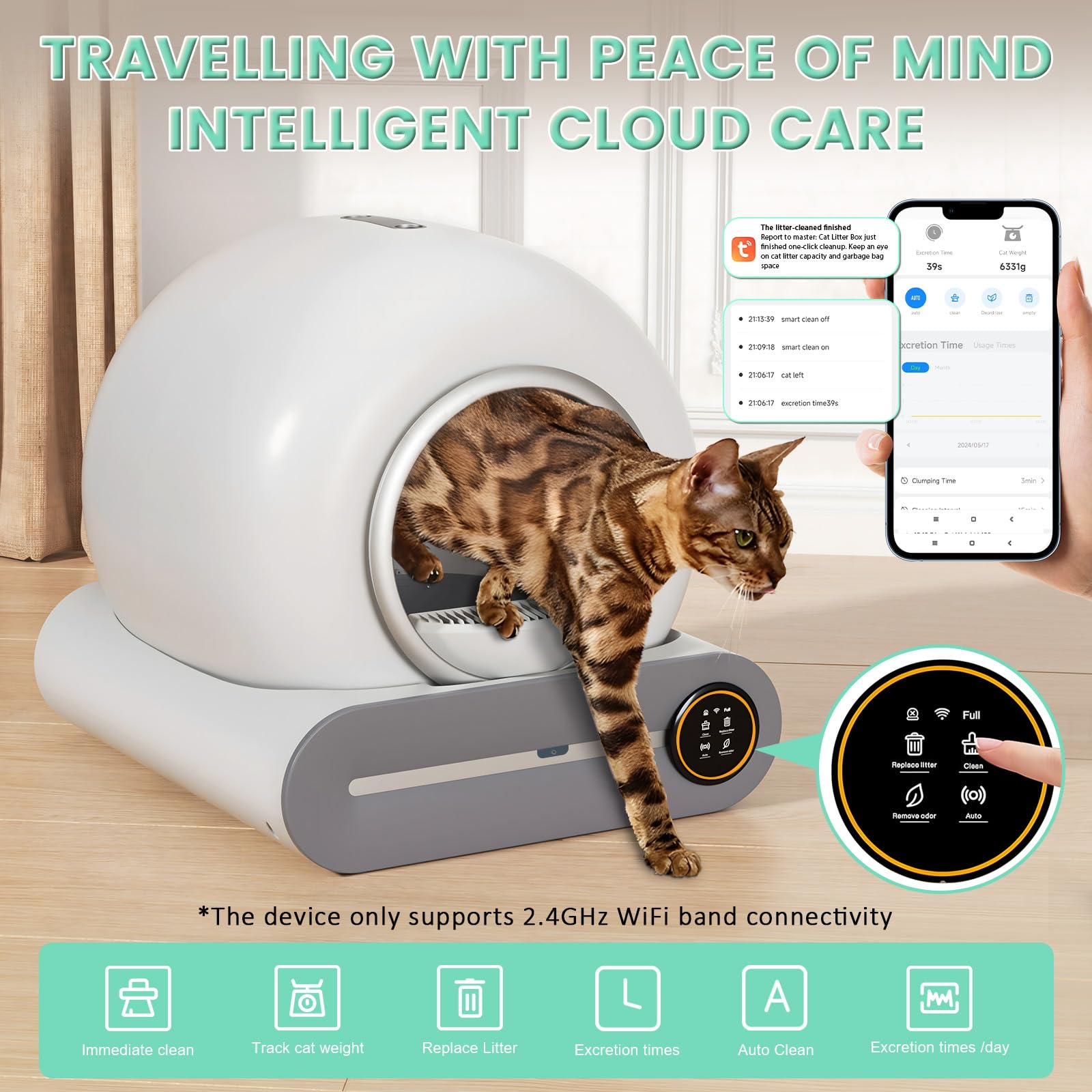 Self Cleaning Litter Box, Automatic Cat Robot For Multiple Cats, Large Litter Box With 3 Rolls Waste Bags, App Control, Negative